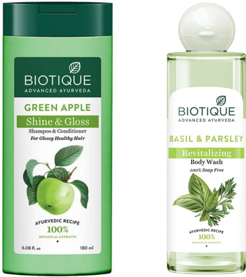 BIOTIQUE Green Apple Shampoo 180 ML & Basil Parsely Body Wash 200 ML(2 Items in the set)