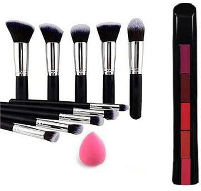 Lusty soul 0 PIECE BLACK MAKEUP BRUSH WITH PUFF & 5 IN 1 RED LIPSTICK(12 Items in the set)