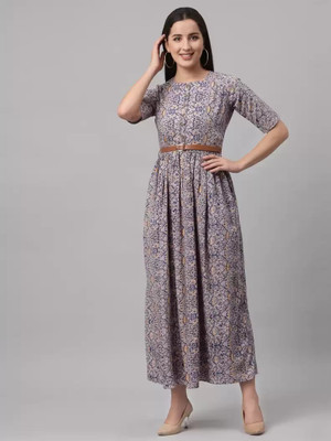 LOUSRICS Women Fit and Flare Purple Maxi/Full Length Dress