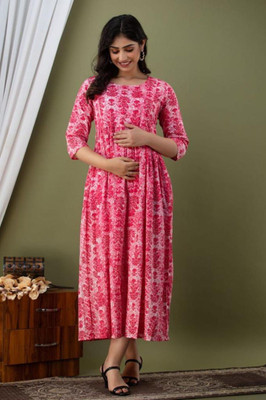 KIPOFASHION Women Fit and Flare Pink Midi/Calf Length Dress