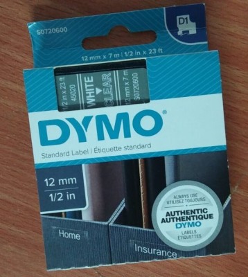 Dymo S0720600 D1 Tape 12mm x 7m White on Clear White Ink Cartridge