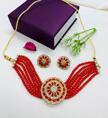Hitarth Fashion Jewellery Brass Gold-plated Red Jewellery Set(Pack of 1)