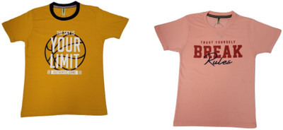 PEJA-10 Boys & Girls Printed Cotton Blend Regular T Shirt(Yellow, Pack of 2)