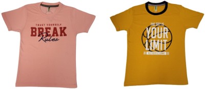 PEJA-10 Boys & Girls Printed Cotton Blend T Shirt(Pink, Pack of 2)