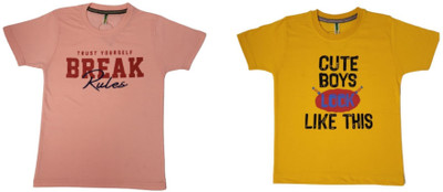 PEJA-10 Boys & Girls Typography Cotton Blend Regular T Shirt(Pink, Pack of 2)