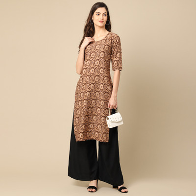 EthnicBasket Women Printed Straight Kurta(Brown)