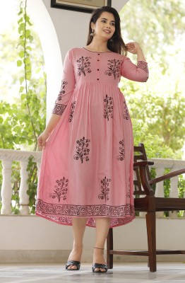 thapki Women Block Print Anarkali Kurta(Pink)