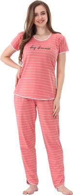shree balaji maxi Women Striped Pink, White Night Suit Set