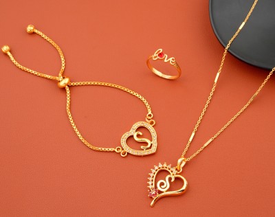 Jewel WORLD S name letter Diamond Pendant locket chain with bracelet & love ring for girls Gold-plated Beads Alloy