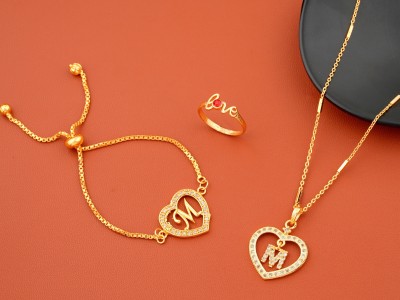 Jewel WORLD M name letter Diamond Pendant locket chain with bracelet & love ring for girls Gold-plated Beads Alloy