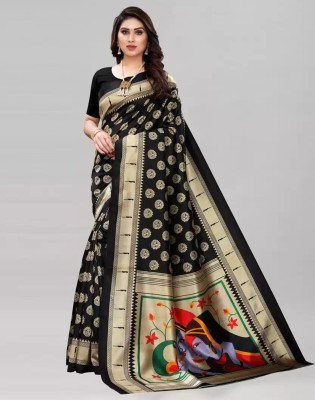 Grubstaker Printed Assam Silk Art Silk Saree(Black)
