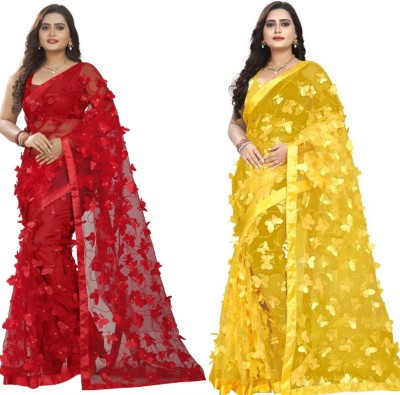 Adroit Management Embroidered Bollywood Net Saree(Pack of 2, Red, Yellow)