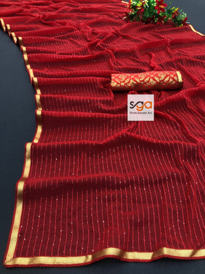 Chitra Striped Bollywood Georgette Saree(Red)