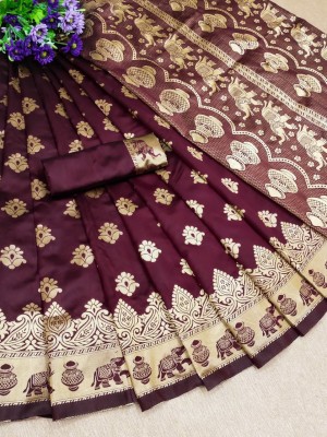 WEYLIN Woven Banarasi Cotton Silk, Jacquard Saree(Maroon)