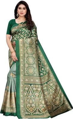 Grubstaker Printed Assam Silk Art Silk Saree(Green)
