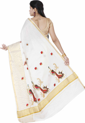 Fashionkiosks Embroidered, Striped Kasavu Cotton Blend Saree(White)