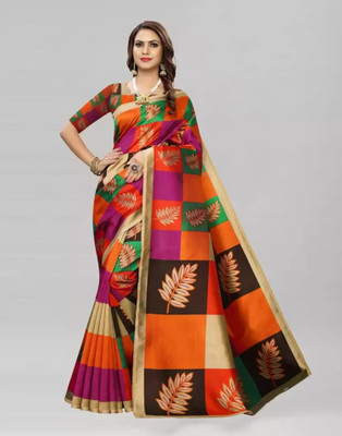 Grubstaker Printed Assam Silk Art Silk Saree(Multicolor)