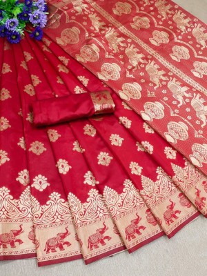 mishihouse Woven Kanjivaram Jacquard, Pure Silk Saree(Red)