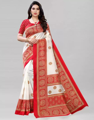Grubstaker Printed Assam Silk Art Silk Saree(White)