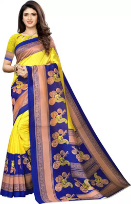 Grubstaker Printed Assam Silk Art Silk Saree(Yellow)