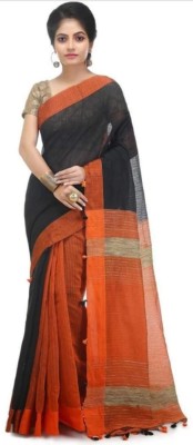 ASR Woven Handloom Cotton Silk Saree(Black, Orange)