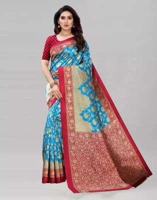 Grubstaker Printed Assam Silk Art Silk Saree(Red, Blue)