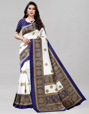 Grubstaker Printed Assam Silk Art Silk Saree(White)