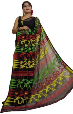 OWALID Self Design Daily Wear Cotton Blend Saree(Black)