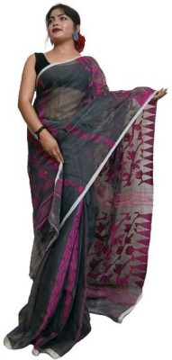 OWALID Self Design Daily Wear Cotton Blend Saree(Black, Pink)