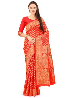 Om Shantam sarees Self Design, Woven Banarasi Art Silk Saree(Red)