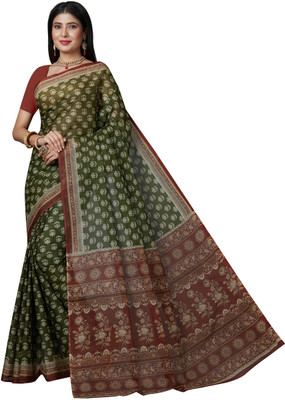 SHANVIKA Printed Daily Wear Pure Cotton Saree(Dark Green)