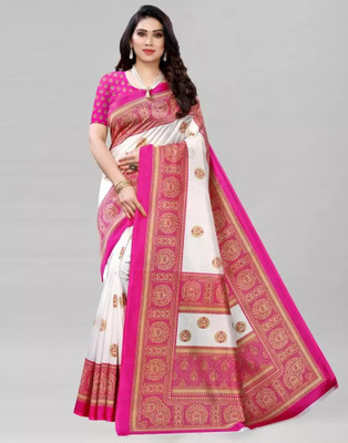 Grubstaker Printed Assam Silk Art Silk Saree(White)
