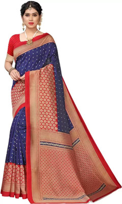 Grubstaker Printed Assam Silk Art Silk Saree(Blue)