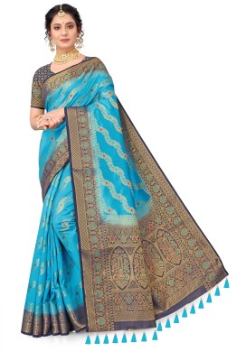 COSBILA FASHION Woven Banarasi Cotton Silk Saree(Light Blue)