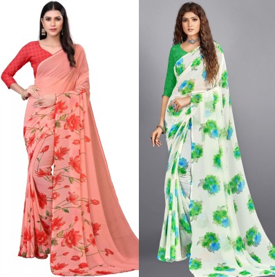 Uveeka Floral Print Daily Wear Georgette Saree(Pack of 2, Multicolor)