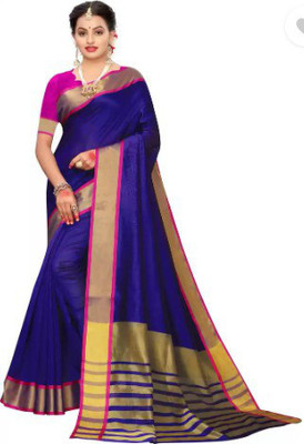 Aardiva Striped Bollywood Cotton Blend Saree(Dark Blue)