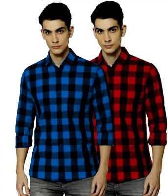 Trend Transfit Men Checkered Casual Red, Blue Shirt(Pack of 2)