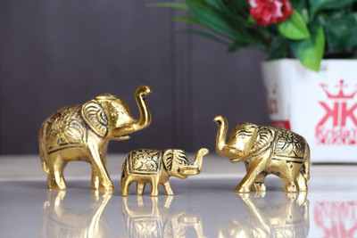 KridayKraft Elephant Showpiece Metal Statue Small Size Gold Polish 3 pcs Set for Home,Office Decorative Showpiece  -  6.5 cm(Metal, Gold)