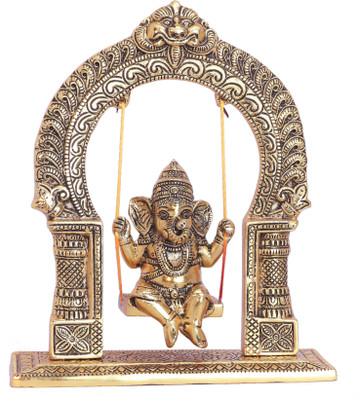 KridayKraft Ganesh ji dori jhula Idol,Ganpati Idol on Swing jhula for Temple Pooja Ganesh Decorative Showpiece  -  6.5 cm(Aluminium, Gold)