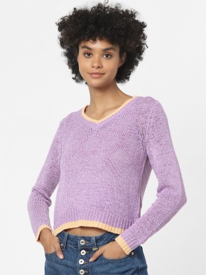 ONLY Solid V Neck Casual Women Purple Sweater