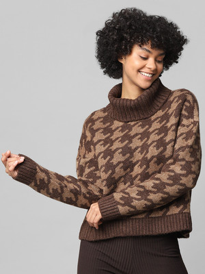 ONLY Printed Turtle Neck Casual Women Brown Sweater