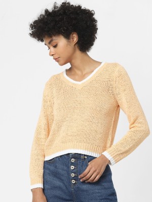 ONLY Solid V Neck Casual Women Orange Sweater