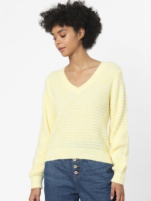 ONLY Self Design V Neck Casual Women Yellow Sweater