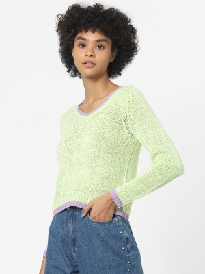 ONLY Solid V Neck Casual Women Light Green Sweater