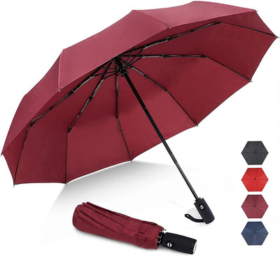promise plus group 3 Fold Fully Automatic Rain UV Protection Portable Foldable Tiny Travel Folding Umbrella(Maroon)