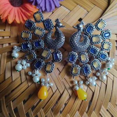 Gift pitara Big oxidised stud earrings peacock design with kundan Amber Brass Stud Earring
