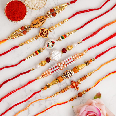 Lomoniya Designer Fancy Rakhi Combo Mauli Thread Chawal Roli Pack, Rakhi  Set(8 Rakhi Set With Roli Chawal)