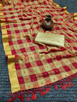 Stylish Sarees Color Block, Blocked Printed, Woven, Checkered Bollywood Jacquard, Chiffon Saree(Red, Cream)