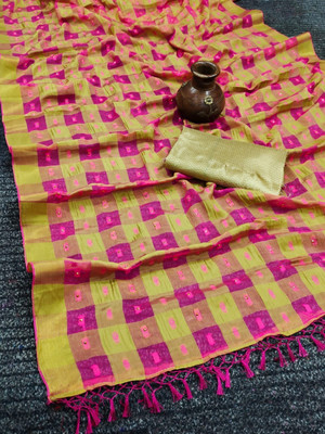 MINE CHOICE Checkered Bollywood Art Silk, Chiffon Saree(Pink, Yellow)