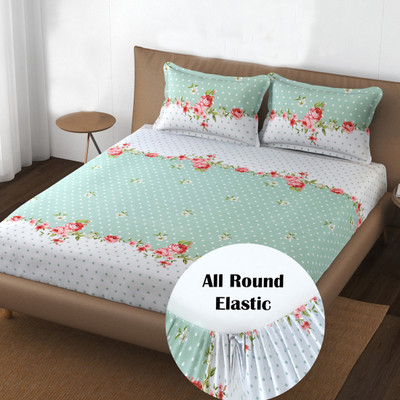 revorg Polycotton Double Fitted (Elastic) 250 TC Floral Bedsheet(Pack of 1, Green)